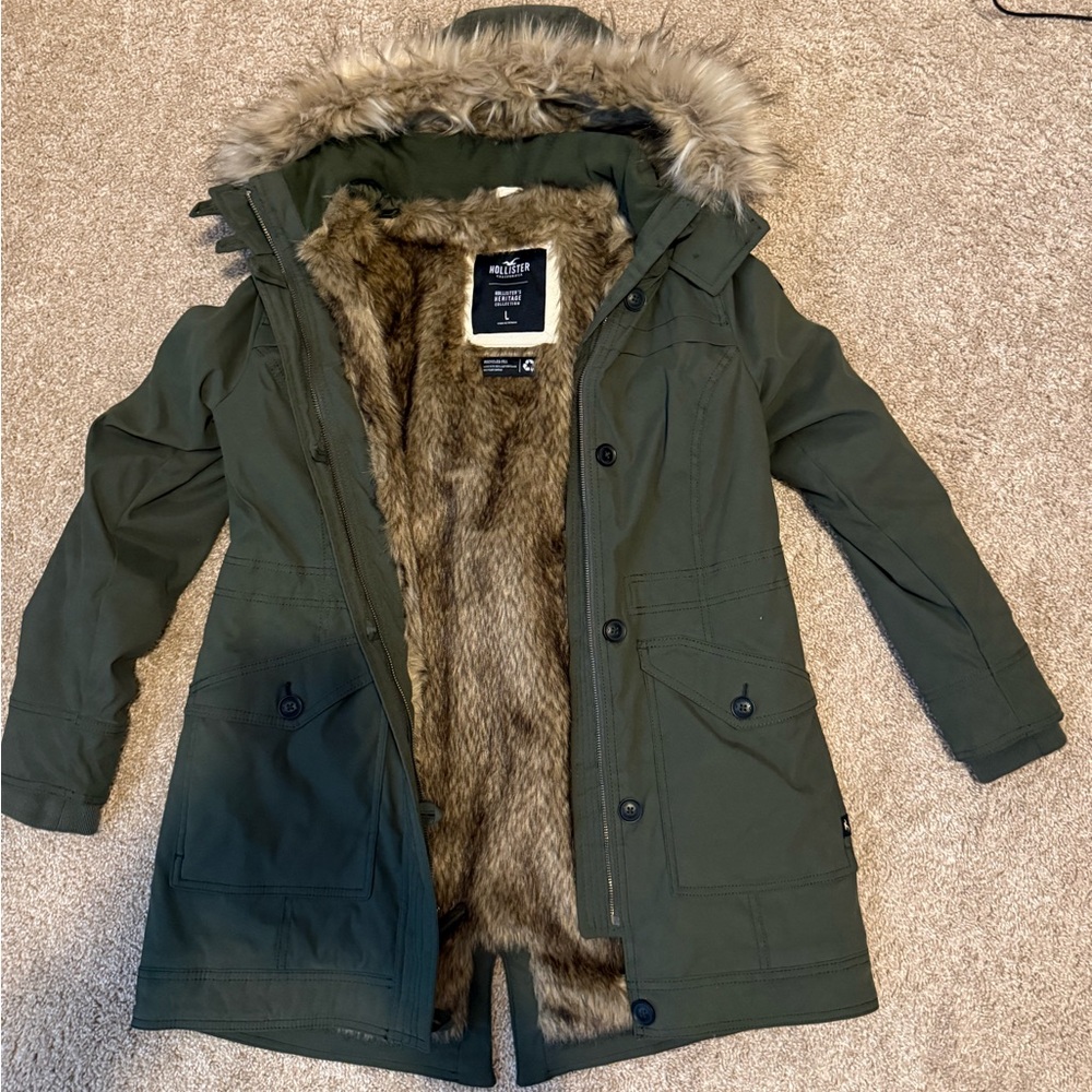 Hollister Olive Utility Jacket with Faux Fur